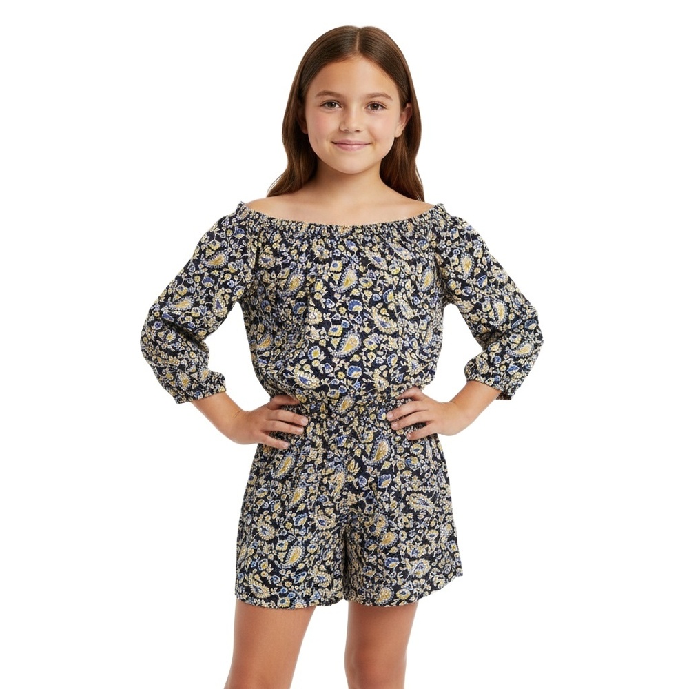 OLD NAVY Girls Shorts Romper Size M Blue Floral 3/4 Sleeve Boho